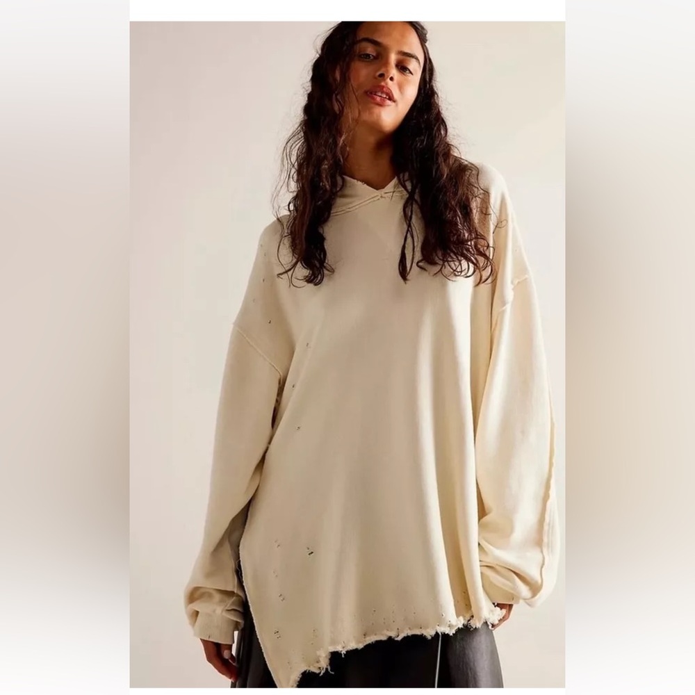 Free People Everyday Hoodie Sweatshirt Oversize Distress Harbor Fog Ivory